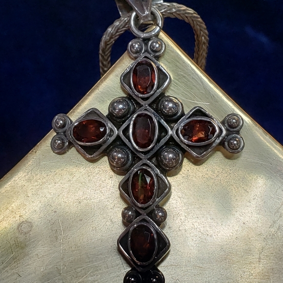 Sterling Silver Ornate Garnet Cross Necklace - Picture 8 of 16